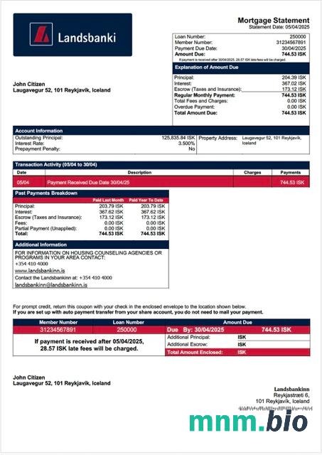 Islandia Landsbankinn wyciąg z kredytu hipotecznego szablon Word i PDF